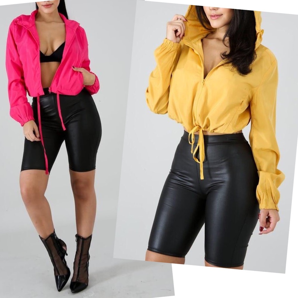 Fuchsia Pink Cropped Windbreaker Hooded Jacket